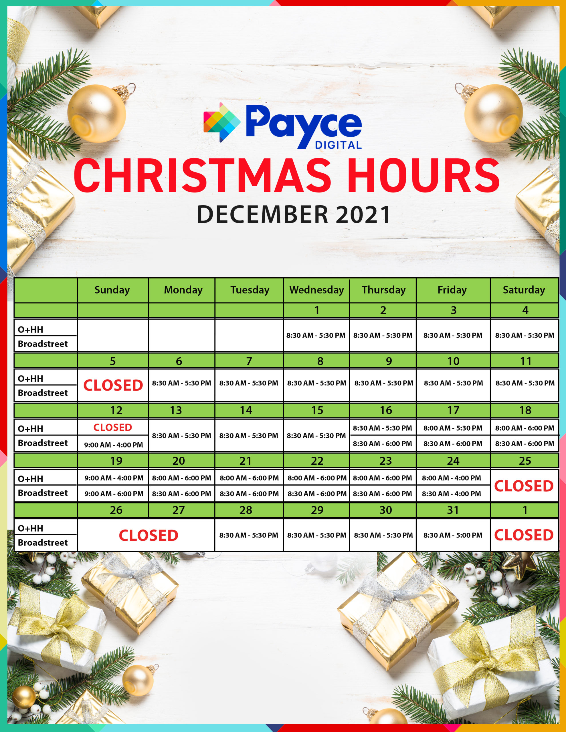 Payce Digital Christmas Hours 2021
